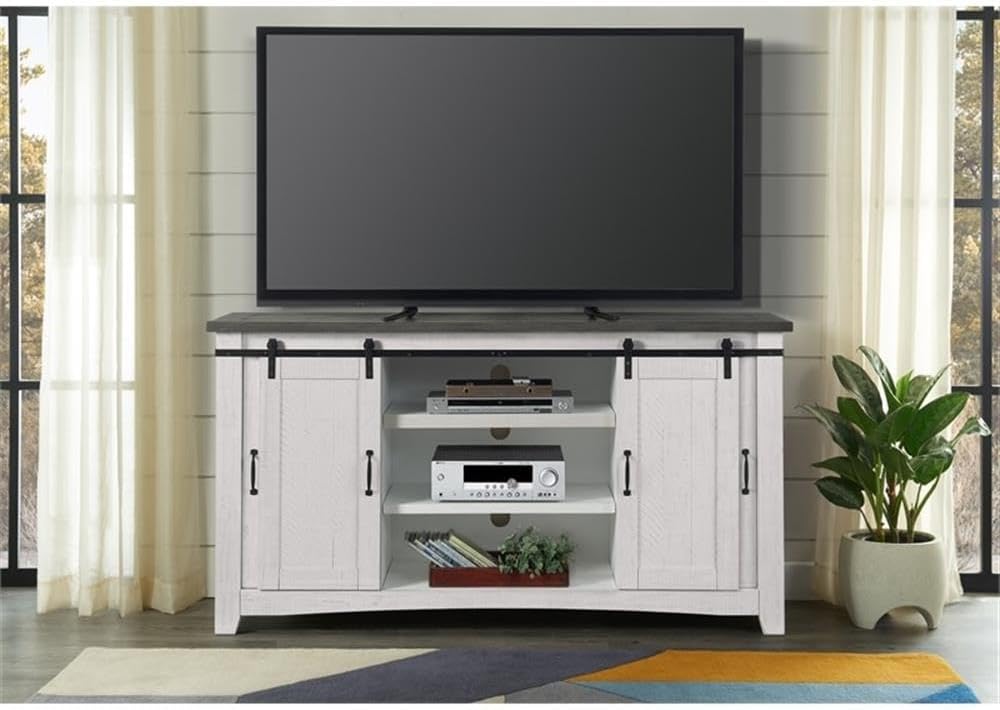Martin Svensson Home Rustic 65” Solid Wood TV Stand with Storage, White Stain with Grey Stain Top