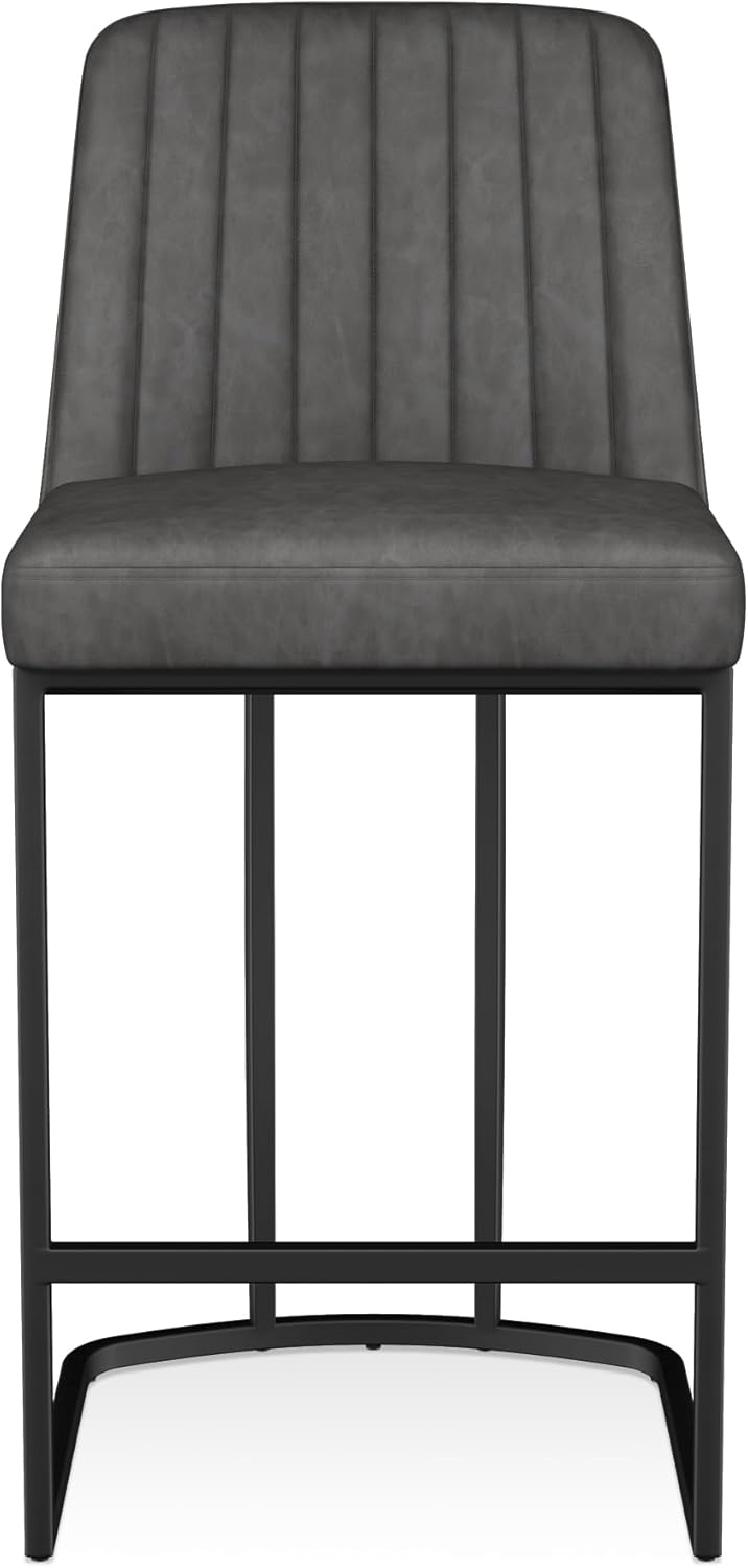 Bar Stools Set of 2, Faux Leather Counter Height Barstools, Upholstered Kitchen Counter Stools with Back and Stitching, 25.6" H Kitchen Island Stools Bar Chair, Metal Framed, Black Grey