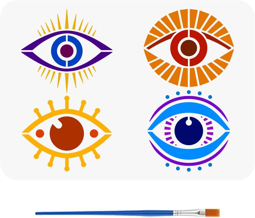FINGERINSPIRE Devil's Eye Stencil with Paint Brush 8.3x11.7inch 4 Styles Evil Eyes Pattern Drawing Template Reusable Evil Eyes Pattern Stencil for Painting on Wall, Canvas, Tile, Furniture