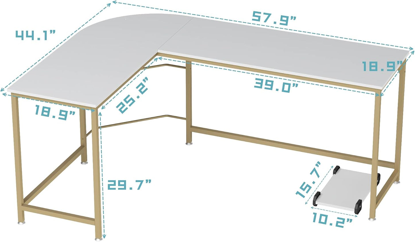Teraves Reversible L Shaped Desk White - 57.9" Corner Gaming Computer Desk, Office Workstation Modern Home Study Writing Wooden Table