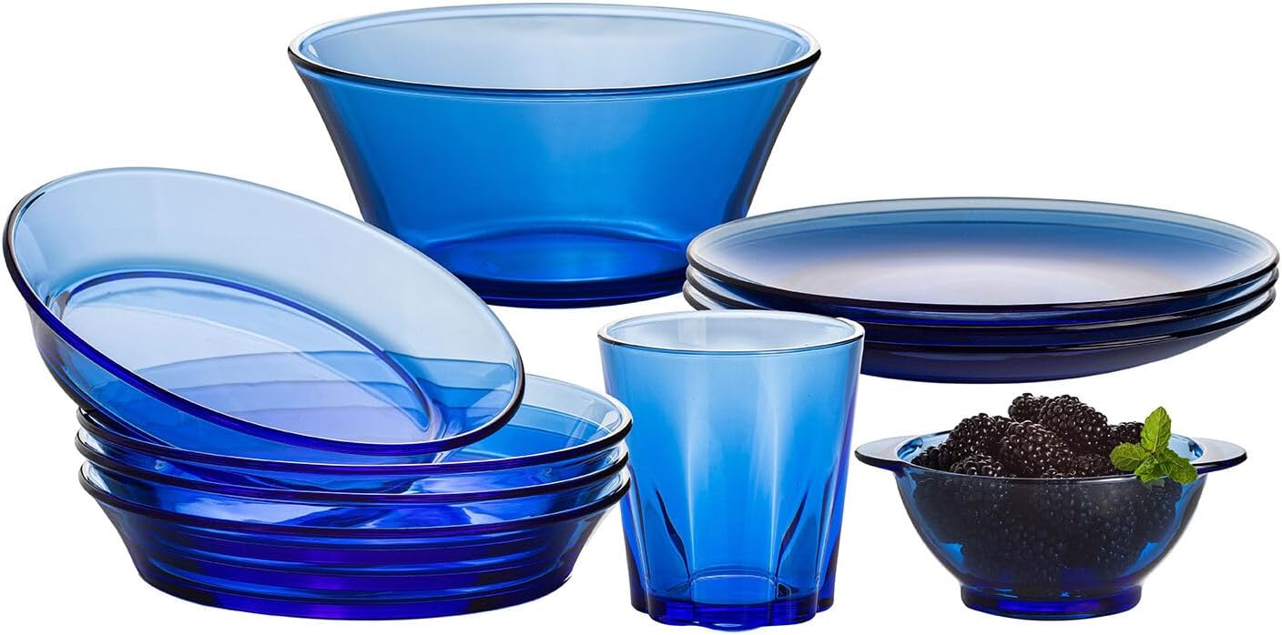 STP GOODS Glass Soup and Salad Bowl with Handles, Cobalt Transparent Glass Eating Plates, Circular Dinnerware for Salad, Bread, Dinner (Blue Set 4)
