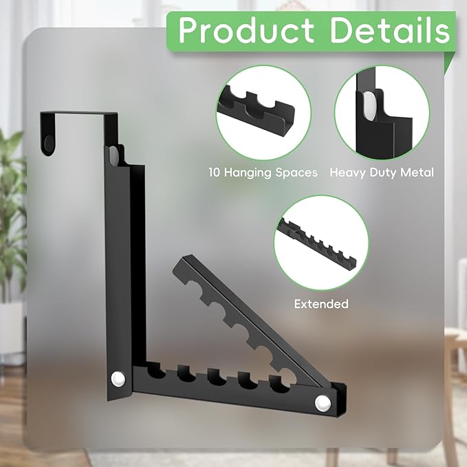 Over The Door Hooks, Extended Over The Door Clothes Hanger with 10 Ridges,Space-Saving Over The Door Rack,Door Hooks for Hanging Clothes,Larger Capacity Over The Door Hanger (1, Black)