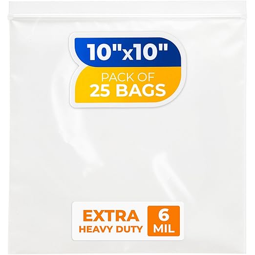 10" x 10" Medium Zip Seal Lock Bags, 6 Mil (Pack of 25) – Heavy-Duty Reclosable Plastic Bags – Clear, Resealable, Waterproof – For Storing and Organizing Clothes, Jewelry, and Travel Items