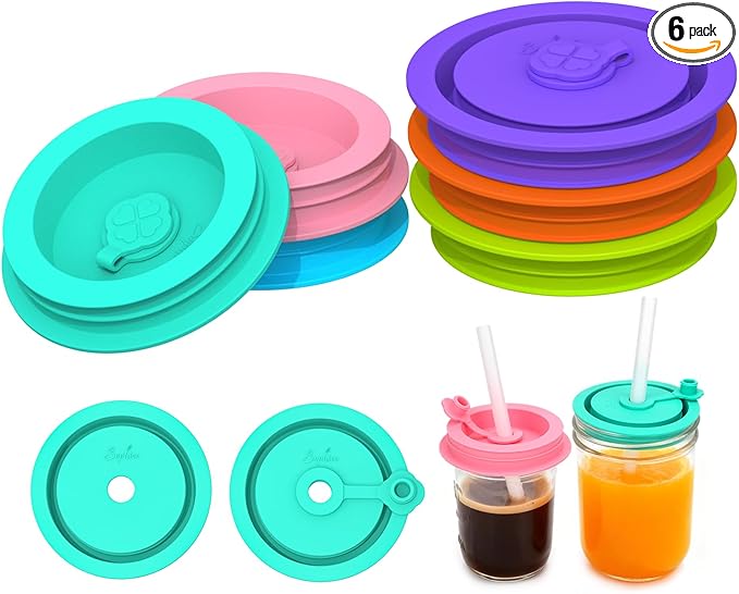SOPHICO Silicone Replacement Lids Fit Ball, Kerr Regular & Wide Mouth, Mason Jar Covers with Straw Hole & Stopper Plug, Dual-sided Design, Airtight Seal - Straw & Glass Not Included (Mix1, 6 Pack)