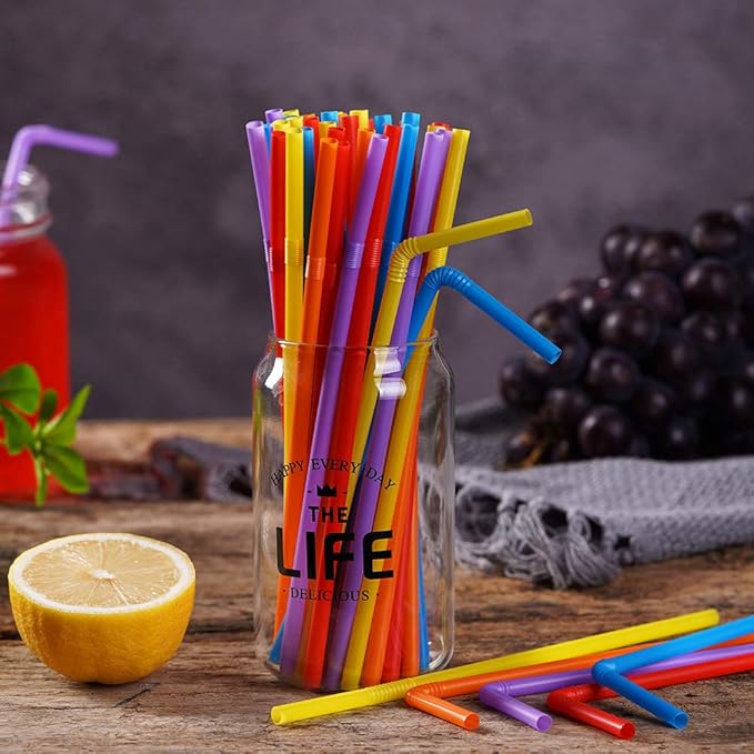 500 Pcs Colorful Flexible Disposable Plastic Drinking Straws.(0.23'' diameter and 7.7" long)