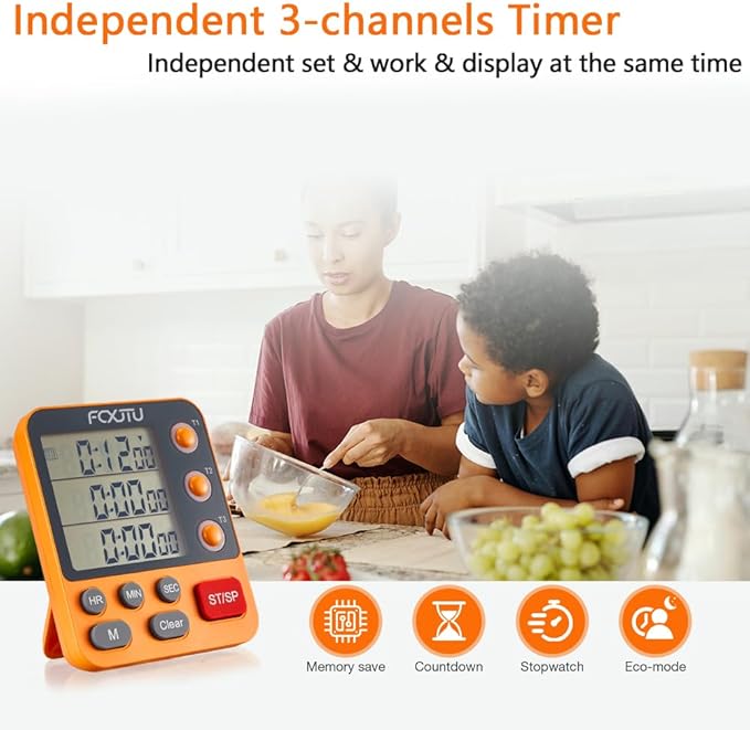 FCXJTU Digital Dual Triple Kitchen Timer, 3-Channel Magnetic Countdown Timer for Cooking, Large Display Stopwatch Multi Food Classroom Timer Loud Alarm for Seniors Teachers Battery Included (Green)