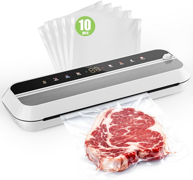 Vacuum Sealer, 8-in-1 Vacuum Sealer For Food, 100W, Digital Timer, Moist&Dry Mode and External VAC for Containers, Built-in Cutter & 10 Vacuum Bags （White）