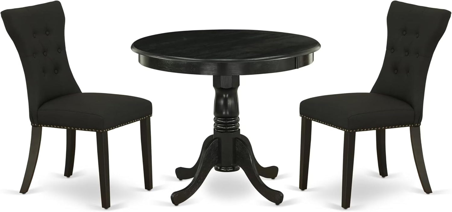 East West Furniture ANGA3-ABK-24 3 Piece Dinette Set for Small Spaces Contains a Round Kitchen Table with Pedestal and 2 Black Linen Fabric Parson Dining Chairs, 36x36 Inch, Wirebrushed Black