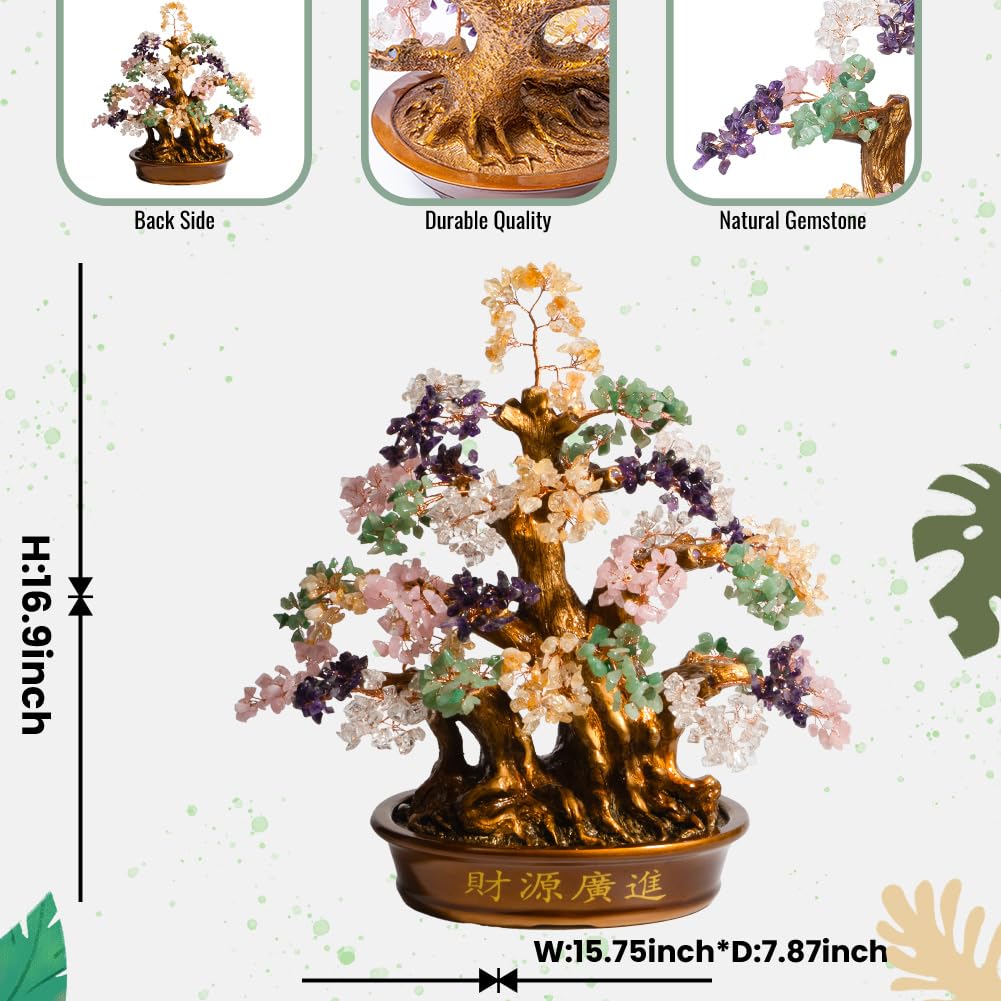 GEMBOURY Natural Bonsai Feng Shui Money Tree, 18'', Includes Lucky Coins Chain, Tree of Life (1300 Gemstone Count), Good Luck and Wealth