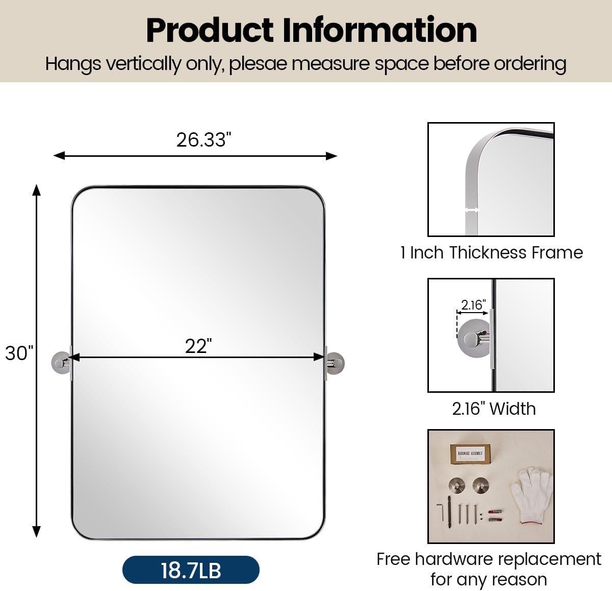 MOON MIRROR Polished Chrome Pivot Mirror for Bathroom, Tilt Bathroom Vanity Rounded Rectangle, Overall 26.33 x 30 in (Mirror 22x 30 in)