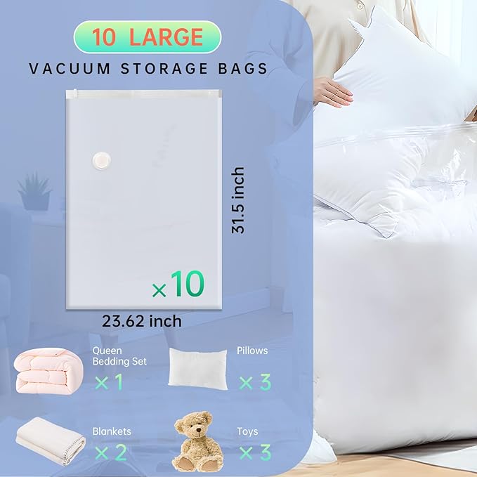 10 Large Vacuum Storage Bags, Vacuum Seal Bags for Clothing, Pillows, Comforters, Blankets, Space Saver Bags with Electric Pump