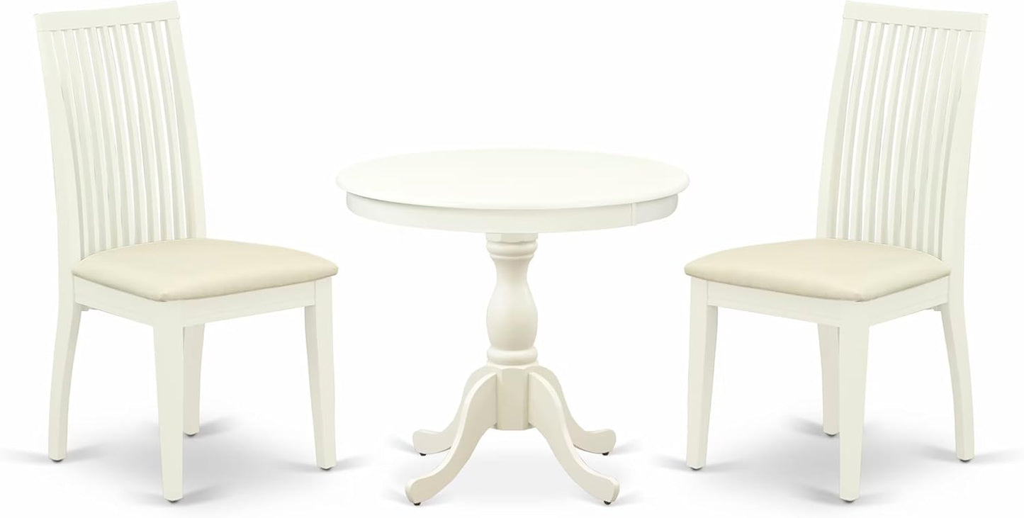 East West Furniture AMIP3-LWH-C 3 Piece Dining Set Contains a Round Dining Room Table with Pedestal and 2 Linen Fabric Upholstered Chairs, 36x36 Inch, Linen White