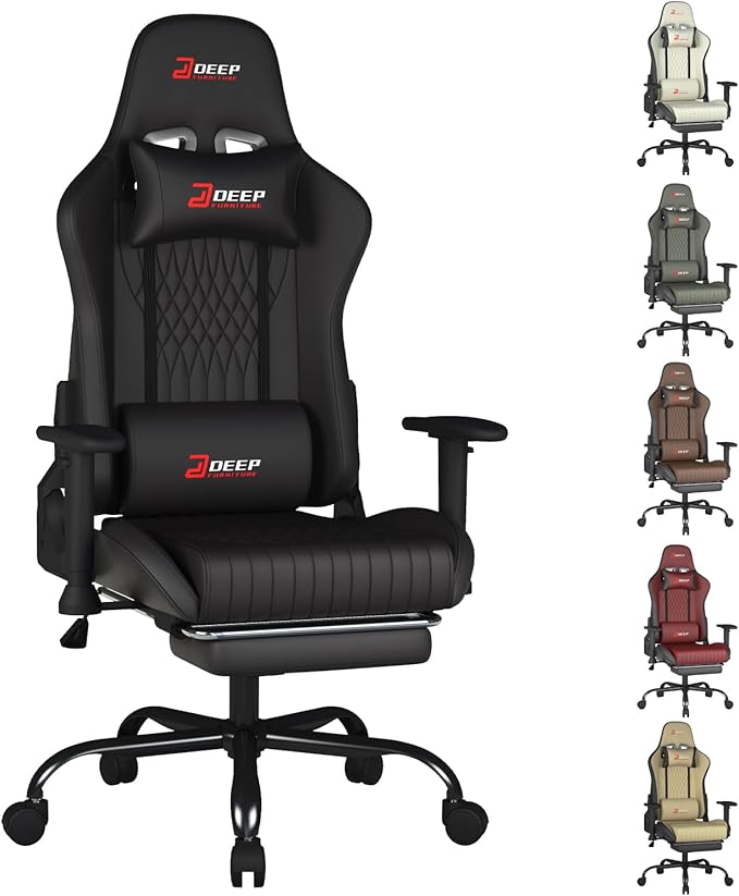Video Game Chair with Footrest Ergonomic Comfortable Gaming Office Chair Height-Adjustable with a 360° Swivel Base and Headrest(1002-Black)