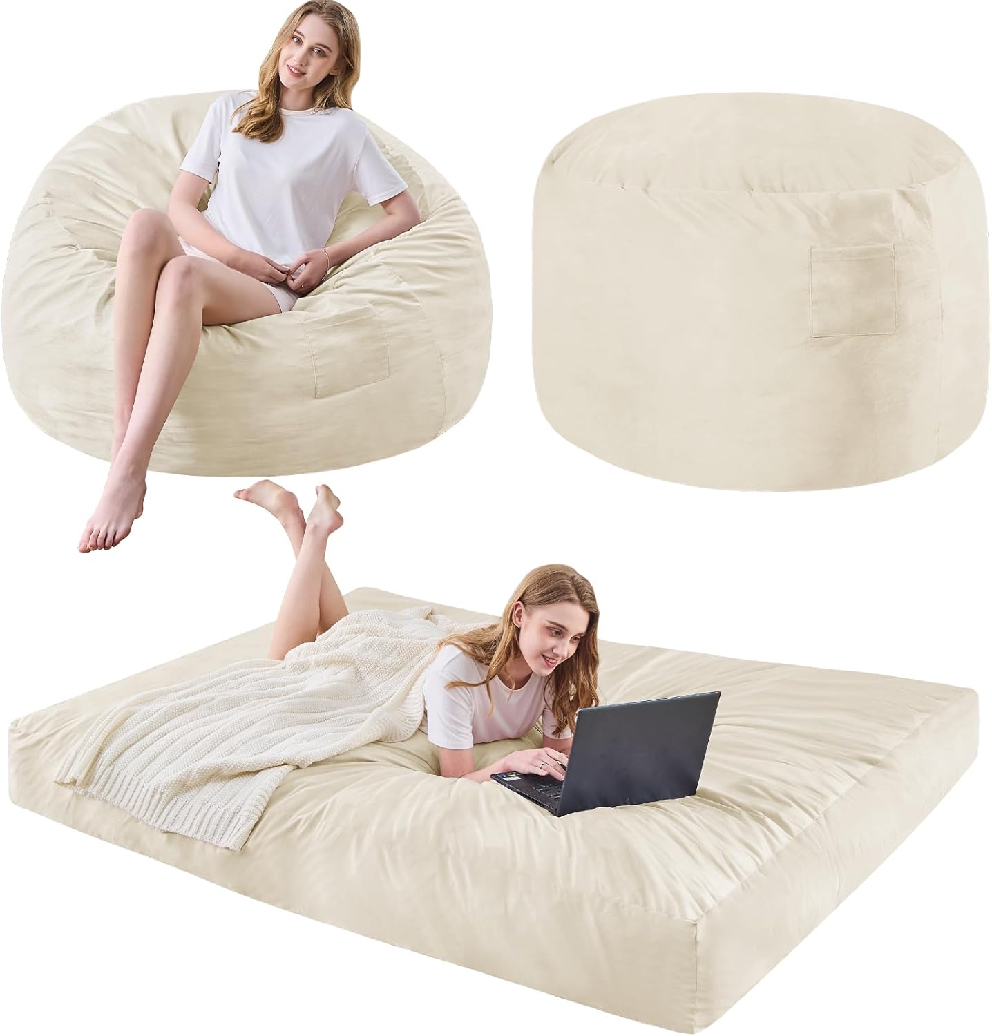 Bean Bag Chairs for Adults - Giant Bean Bag Chair Convertible Bean Bag Bed - Beanbag Chair with Micro Fiber Cover/Furniture Foam Filler - Floor Couch Sofa in Bedroom Dorm Room - Queen Beige