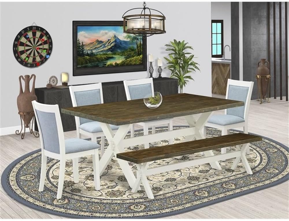East West Furniture X077MZ015-6 6 Piece Dining Table Set Contains a Rectangle Kitchen Table with X-Legs and 4 Baby Blue Linen Fabric Upholstered Chairs with a Bench, 40x72 Inch, Multi-Color