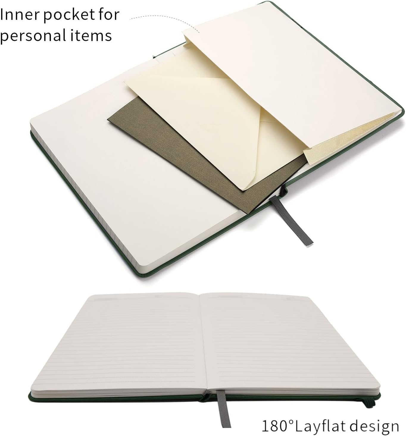 Deziliao Hardcover Notebook Journal 160 Pages, Lined Journal Notebooks for Work, 100Gsm Premium Thick Paper with Pocket, Medium 5.7"x8.4", Christmas Gift（Dark-Green, Ruled）