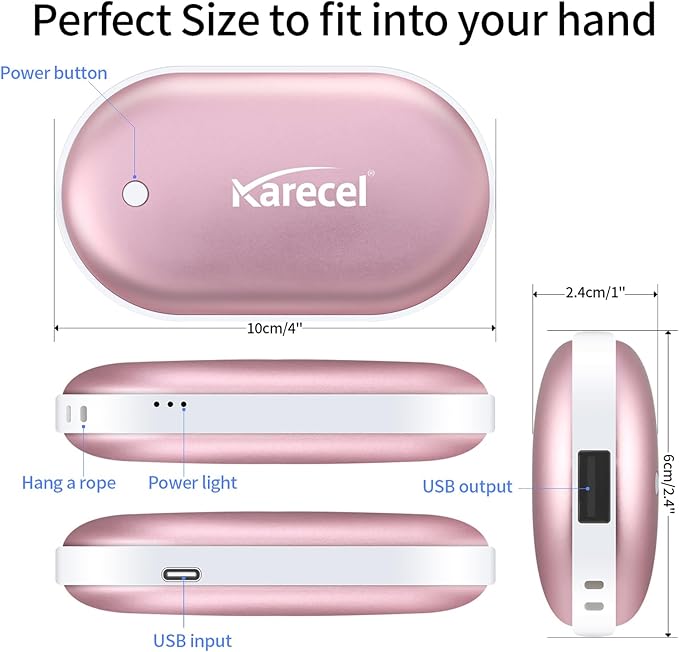 Karecel Hand Warmers Rechargeable 2 Pack, 10400mAh Double-Sided Heat Electric Handwarmers Powerbank, 4-inch Full-Surface Heat, Portable Camping Hand Warmers, Men Gifts for Christmas, Winter Essentials