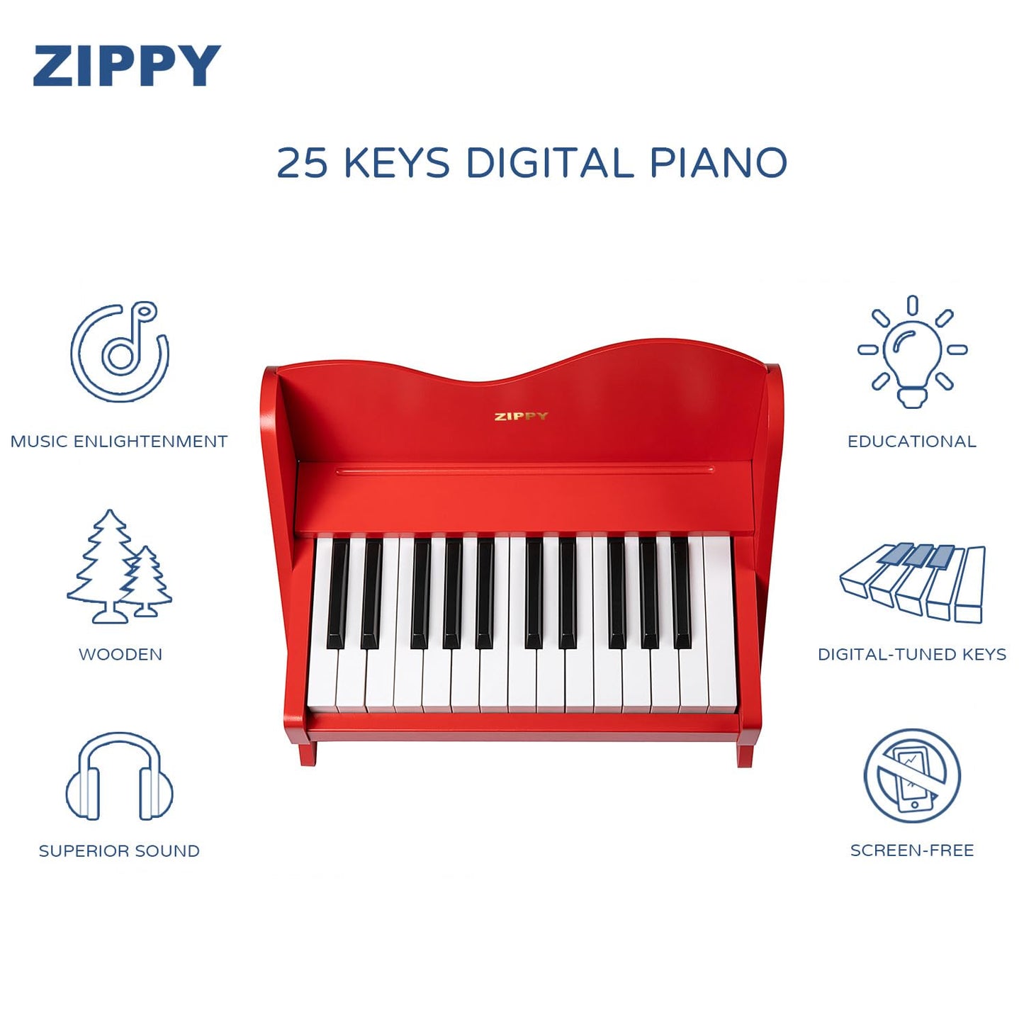 ZIPPY Kids Piano Keyboard, 25 Keys Digital Piano for Kids, Volume Adjustable, Mini Music Educational Instrument Toy, Wood Toy for Toddlers Girls Boys (Red)