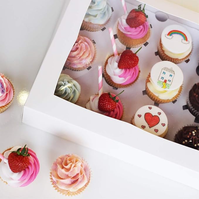 YunKo 15 Pack Dozen Cupcake Boxes White Cupcake Containers with Window Fit 12 Cupcakes or Muffins