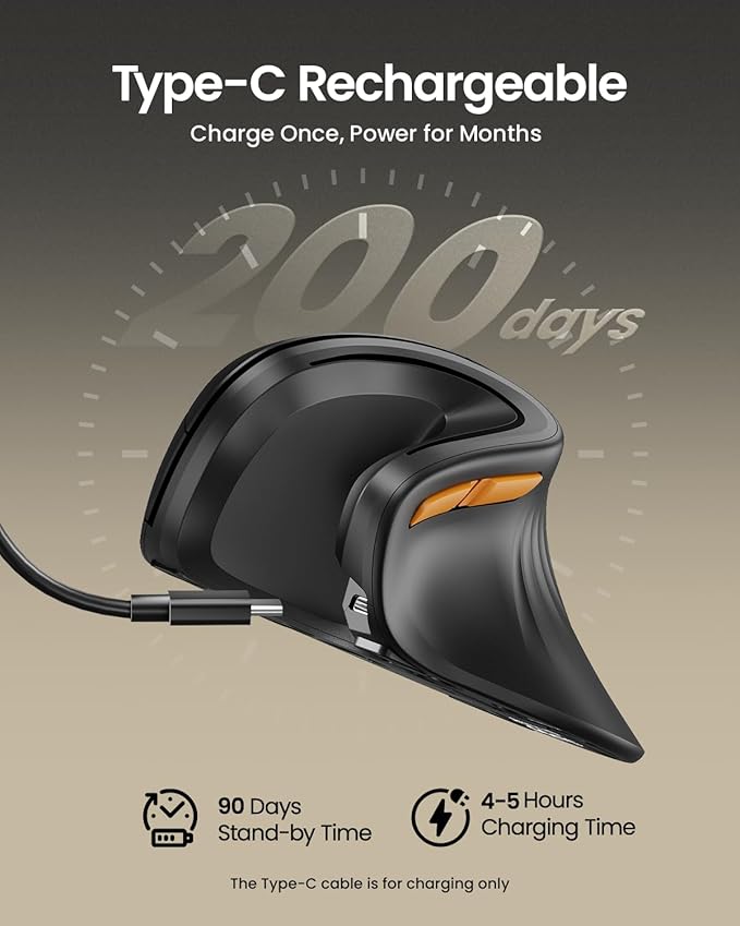 ProtoArc Ergonomic Mouse, EM11 NL Bluetooth Rechargeable Wireless Vertical Mouse, 3 Multi-Device Connectivity for Computer/PC/Laptop, 2.4GHz USB-A Optical Mice for Windows, Mac OS, Black
