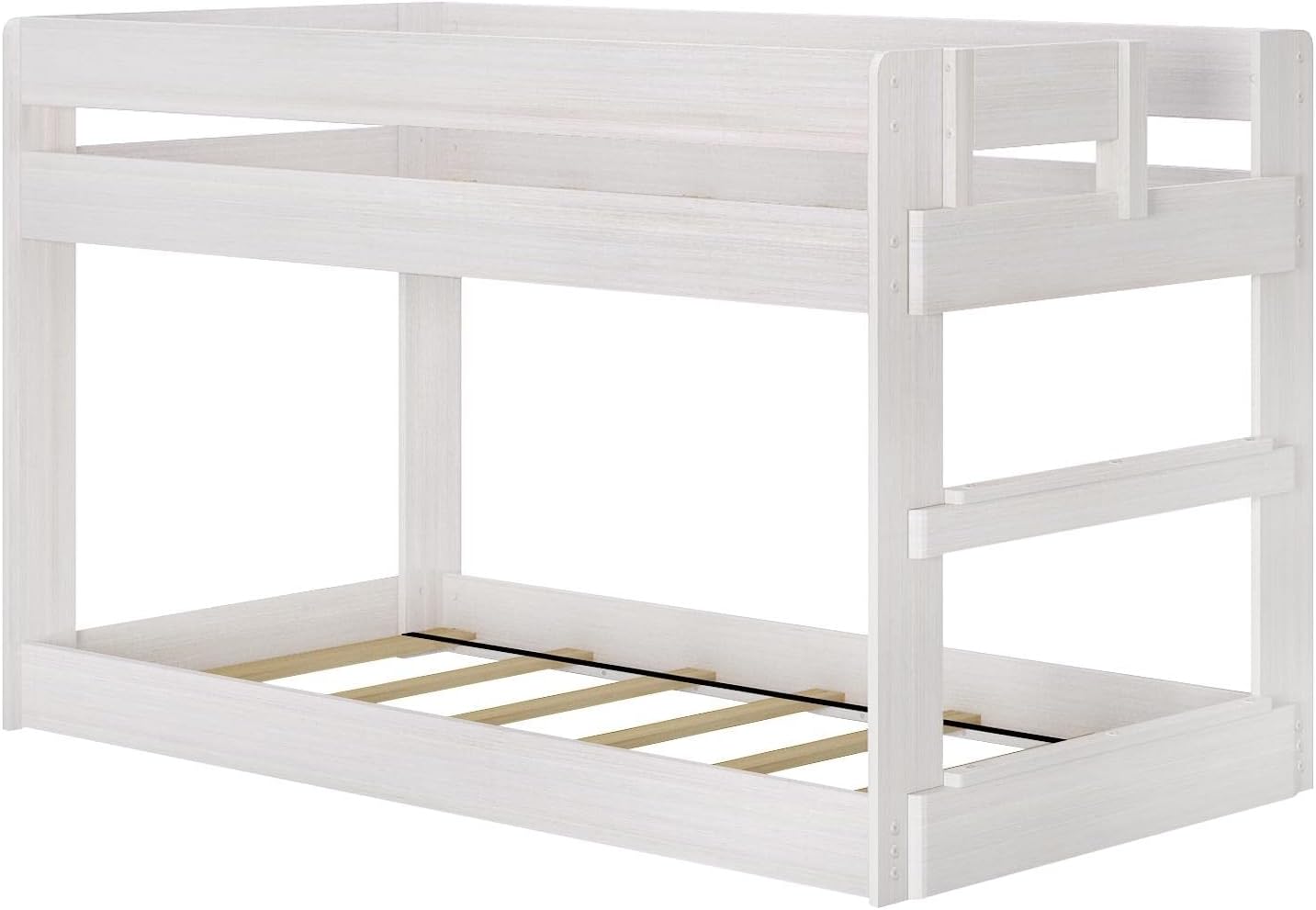 Max & Lily Modern Farmhouse Low Bunk Bed, Twin-Over-Twin Bed Frame For Kids, White Wash
