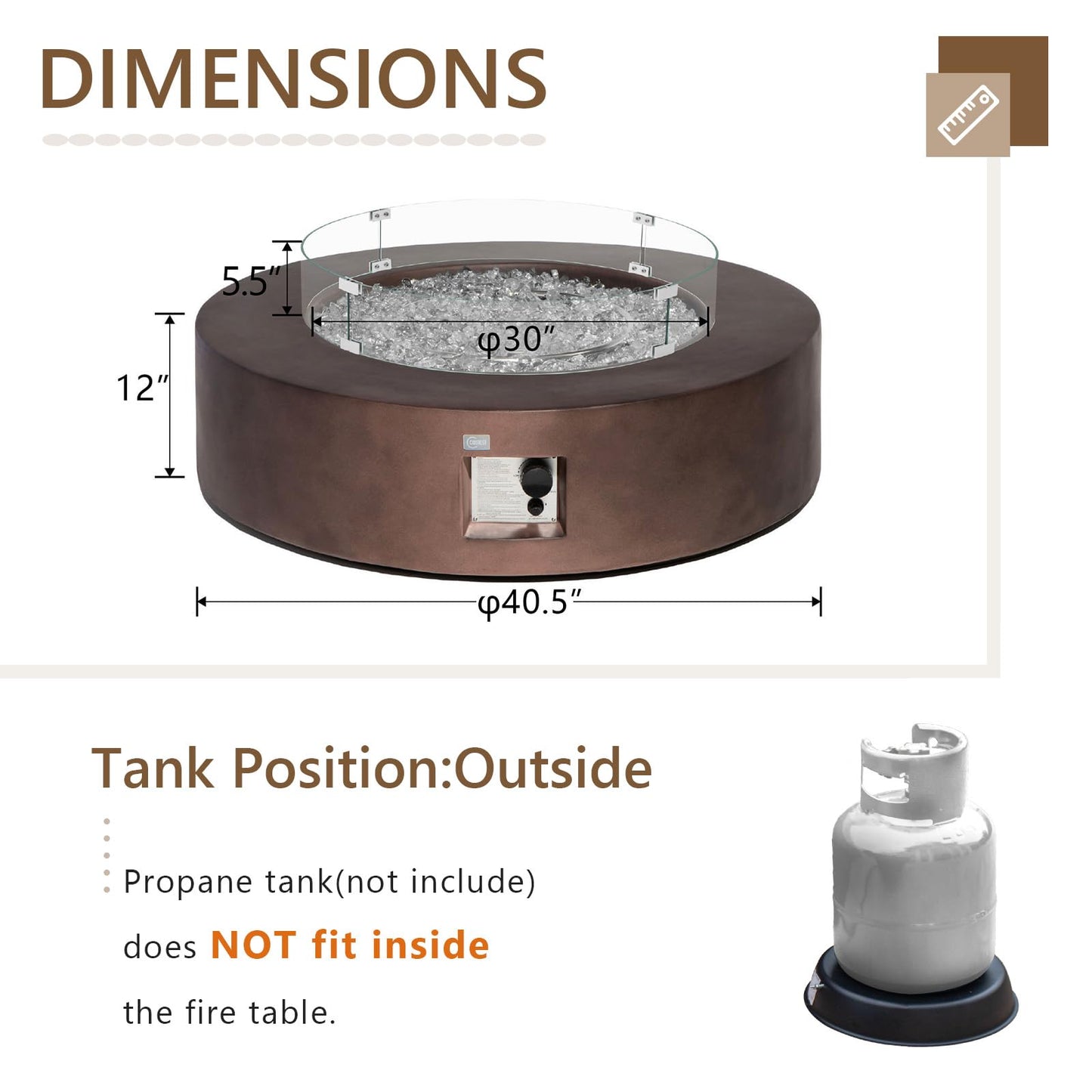 COSIEST Outdoor Propane Fire Pit Coffee Table w Bronze 42 inch Round Base Patio Heater, Certified, 50,000 BTU Stainless Steel Burner, Wind Guard, Transparent Gray Fire Glass, Waterproof Cover