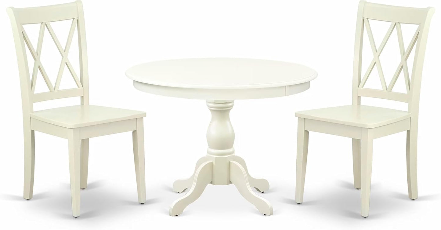 East West Furniture HBCL3-LWH-W 3 Piece Dinette Set for Small Spaces Contains a Round Dining Table with Pedestal and 2 Dining Chairs, 42x42 Inch, Linen White