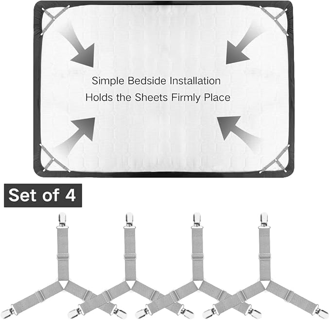 Foloda Bed Sheet Holders, 4 pcs Adjustable Fitted Sheet Straps for Bed Corner, bedsheet Holder Clips Fasteners Suspenders Locker Gripper Scrunchie, Keep Sheet in Place