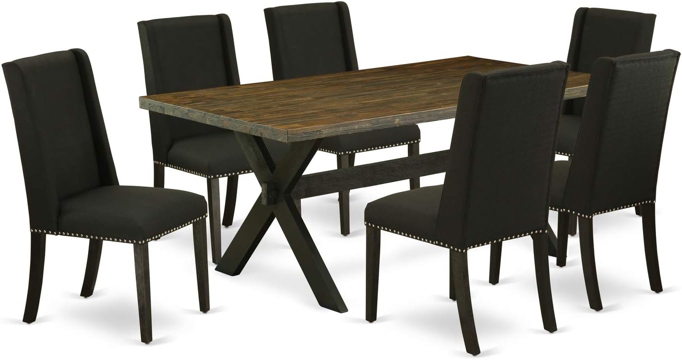 East West Furniture X677FL624-7 7 Piece Modern Dining Table Set Consist of a Rectangle Wooden Table with X-Legs and 6 Black Linen Fabric Parson Dining Chairs, 40x72 Inch, Multi-Color