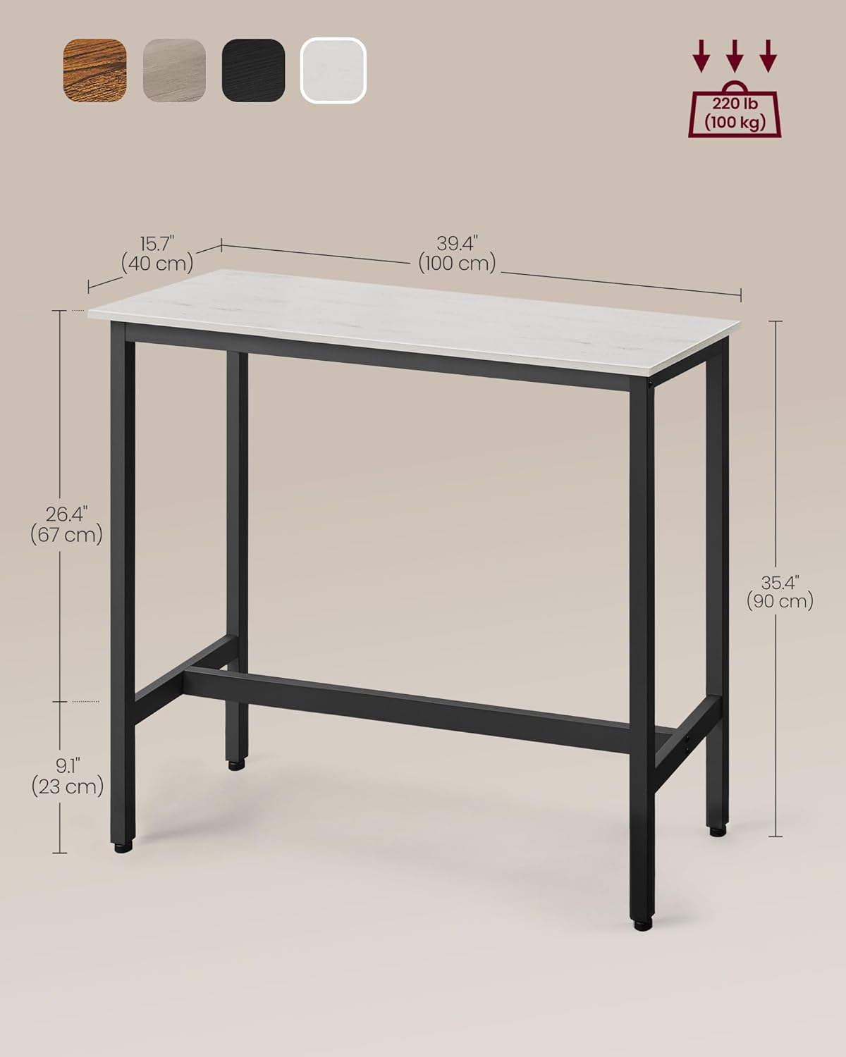 VASAGLE Bar Table, Narrow Long Kitchen Dining Table, Sturdy Metal Frame, Industrial, 15.7 x 39.4 x 35.4 Inches, Rustic White and Ink Black ULBT010B73