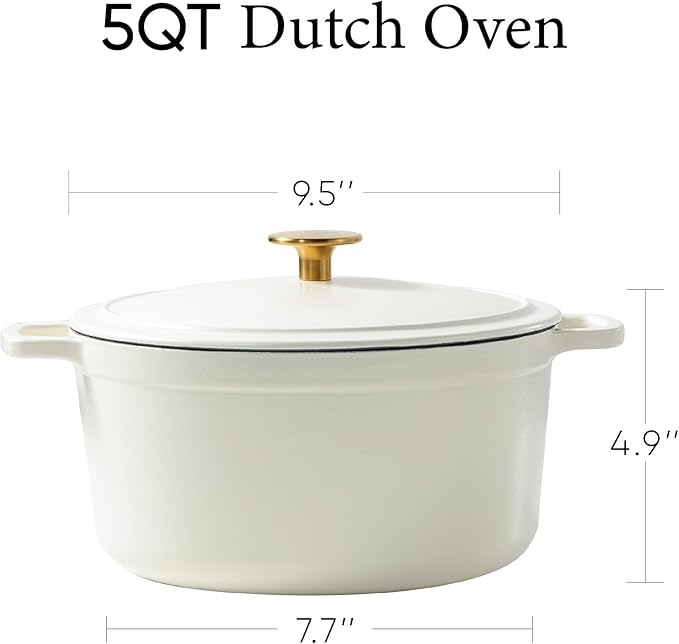 CAROTE 5QT Enameled Cast Iron Dutch Oven Pot with Lid, Heavy-Duty Dutch Oven for Sourdough Bread Baking, Braising, Stews, Roasting, Healthy & Non-Toxic, Dual Handles, All Stovetop Compatible, Oven Safe up to 500° F, Cream White