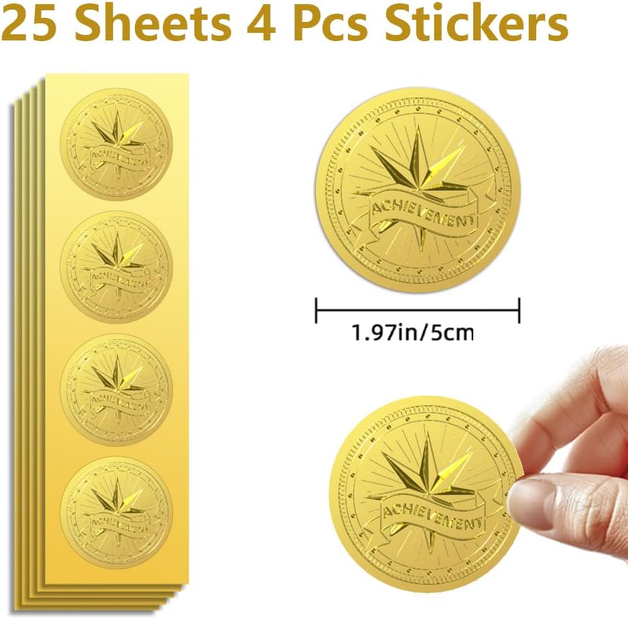 Peacoblue Gold Foil Stickers Seals Official Embossed 2 Inch 100Pcs Achievements Star, Self Adhesive Gold Around Embossing Medal Stickers for Certificate Paper, Achievements and Awards, Envelope Seals