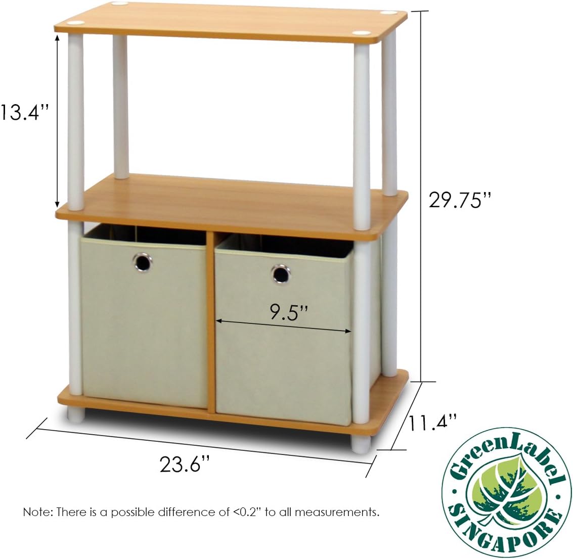 Furinno Go Green 3-Tier 2-Bin Multi-Purpose Storage Shelf (Set of 2), Beech