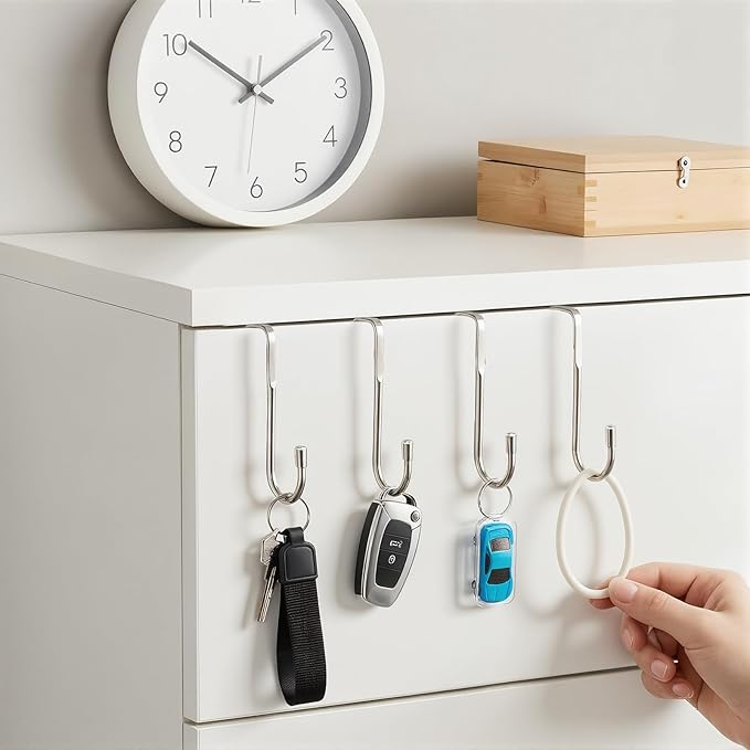 20 PCS Over Cabinet Hooks Double S Shaped Cabinet Drawer Hanger Stainless Steel Metal Heavy Duty Hooks for Kitchen Bathroom Closet Drawer Wardrobe Doors Bags Towels Key
