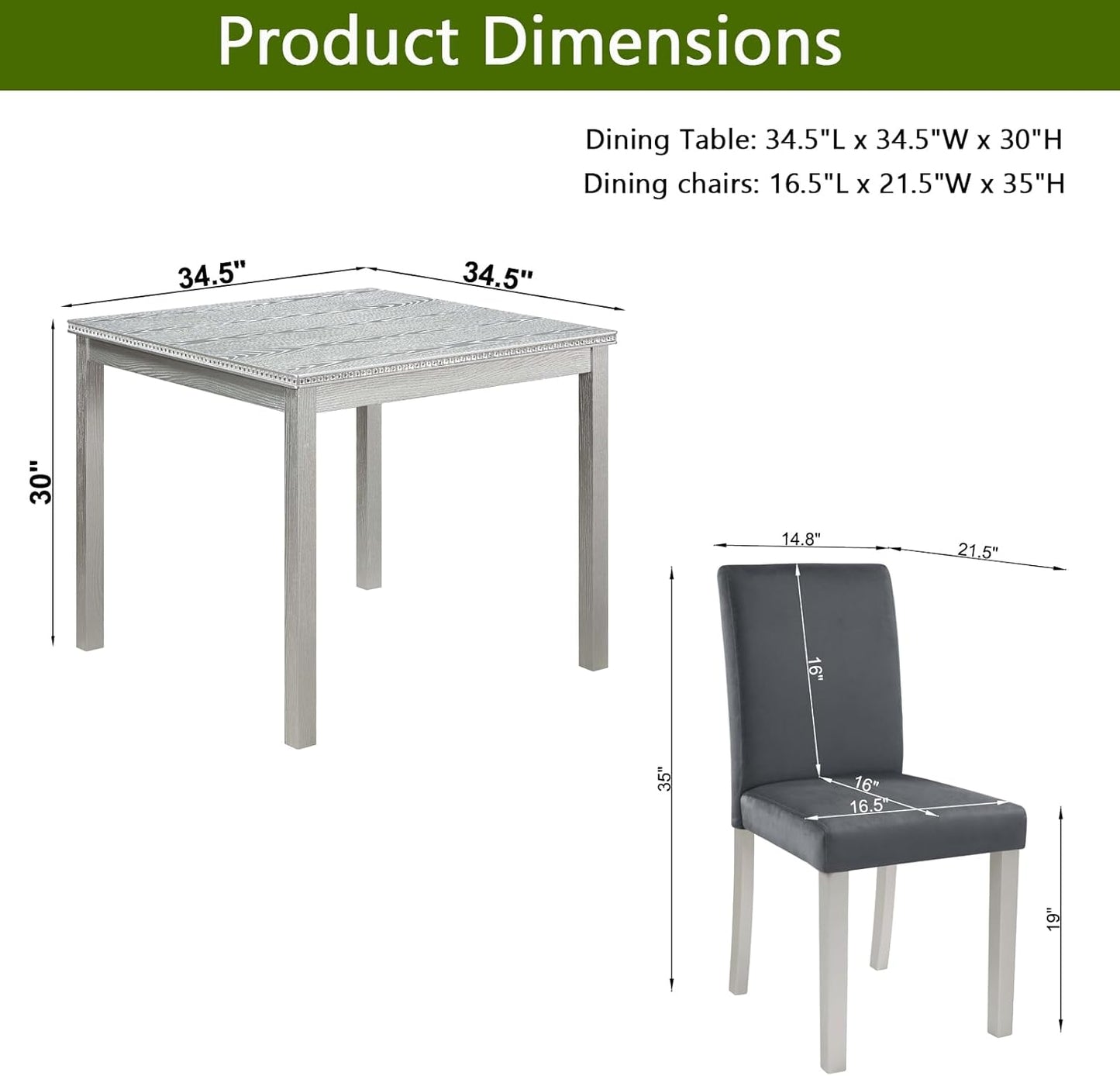 KEIKI 5-Piece Standard Height Dining Table Set with Square Table and 4 Upholstered Chair, for 4 Person, Classic Crystal Decoration Wood Table Set, Easy Assembly, for Kitchen, Dining Room, Silver Grey