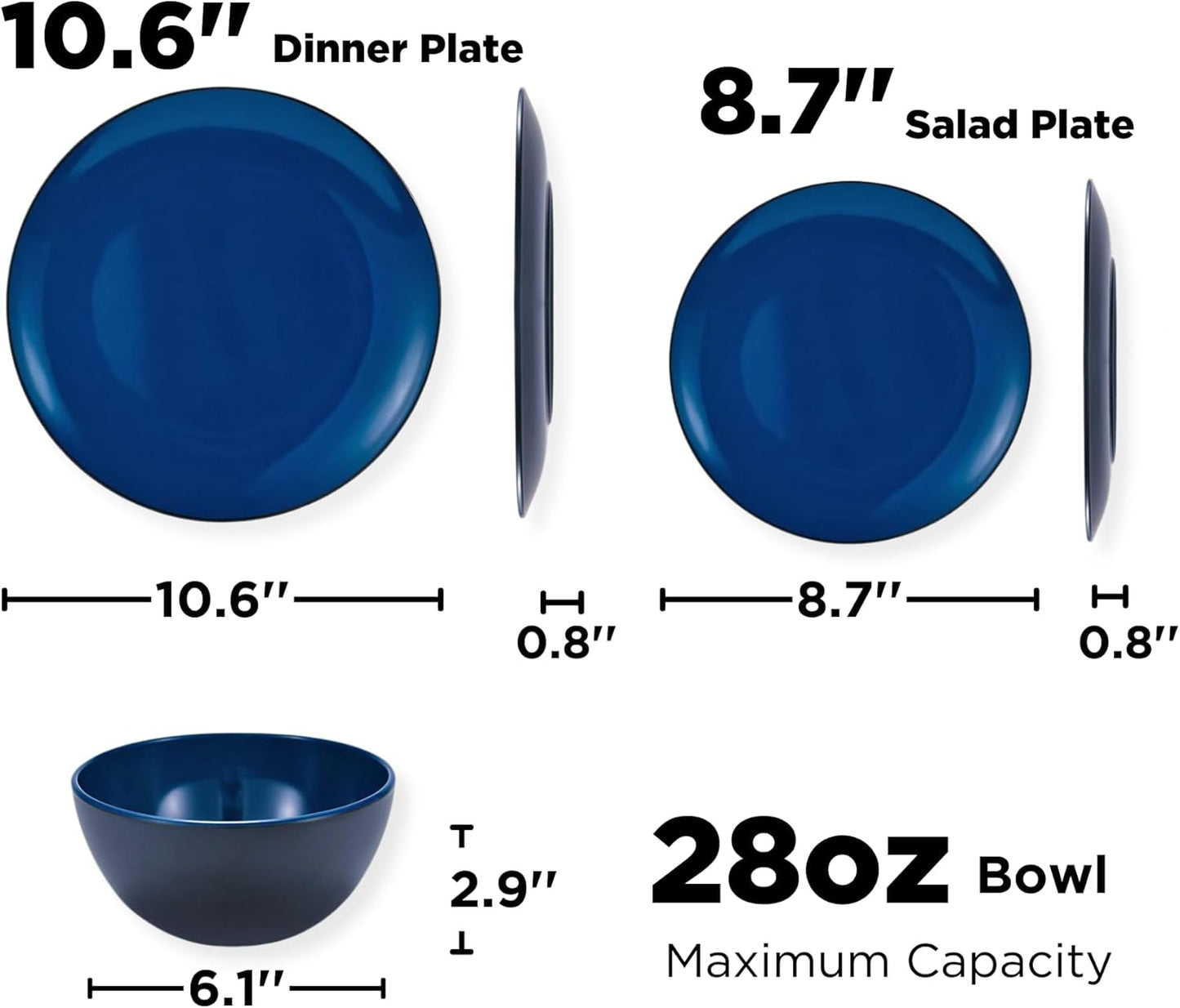 TP 12-Piece Dinnerware Set, Melamine Dishes Set with Bowls and Plates, Non-breakable and Lightweight Dinner Service for 4, Black and Blue