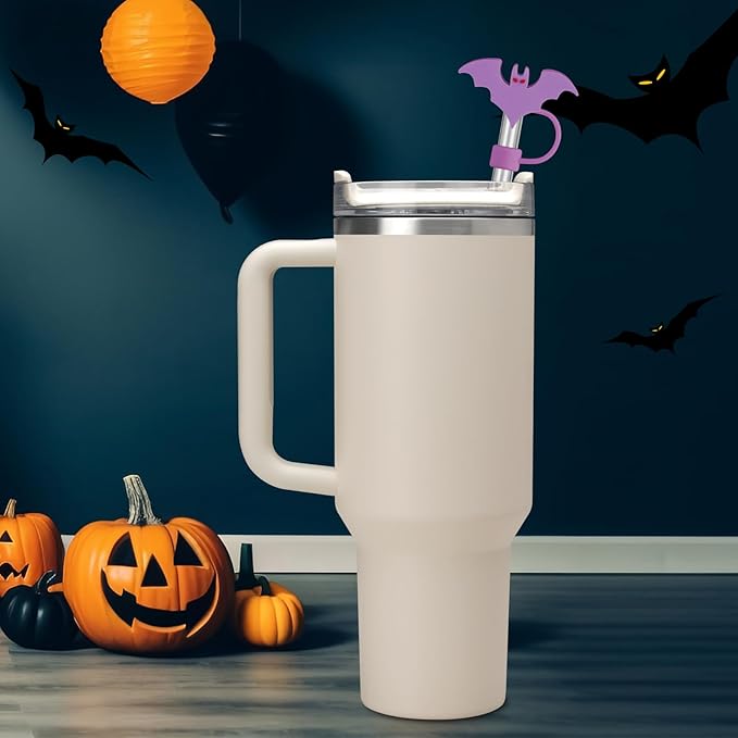 Halloween Silicone Straw Covers Cap for Stanley Cup, Cute Straw Topper for Stanley 30&40 Oz Tumbler, Reusable Dust-Proof Drinking Straw Cover, Set of 4 (Halloween Bat)