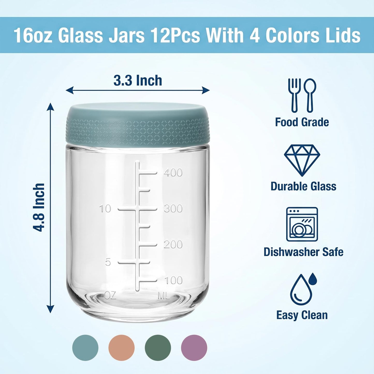 16 oz Glass Jars with Lids,12 Pack Overnight Oats Containers with lids,Small Glass Containers with Lids for Homemade Jams, Sauces, Food Jar for Smoothies, Yogurt,Spice,Desserts, and even DIY Crafts