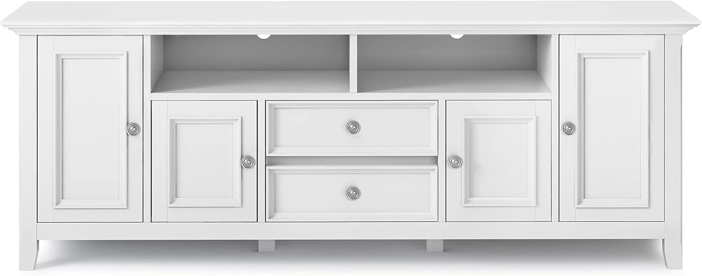 SIMPLIHOME Amherst 72-inch Wide Solid Wood TV Stand in White, Transitional-Style Media Console for Living Room with Cable Management and Adjustable Shelves, Fits 80" TVs