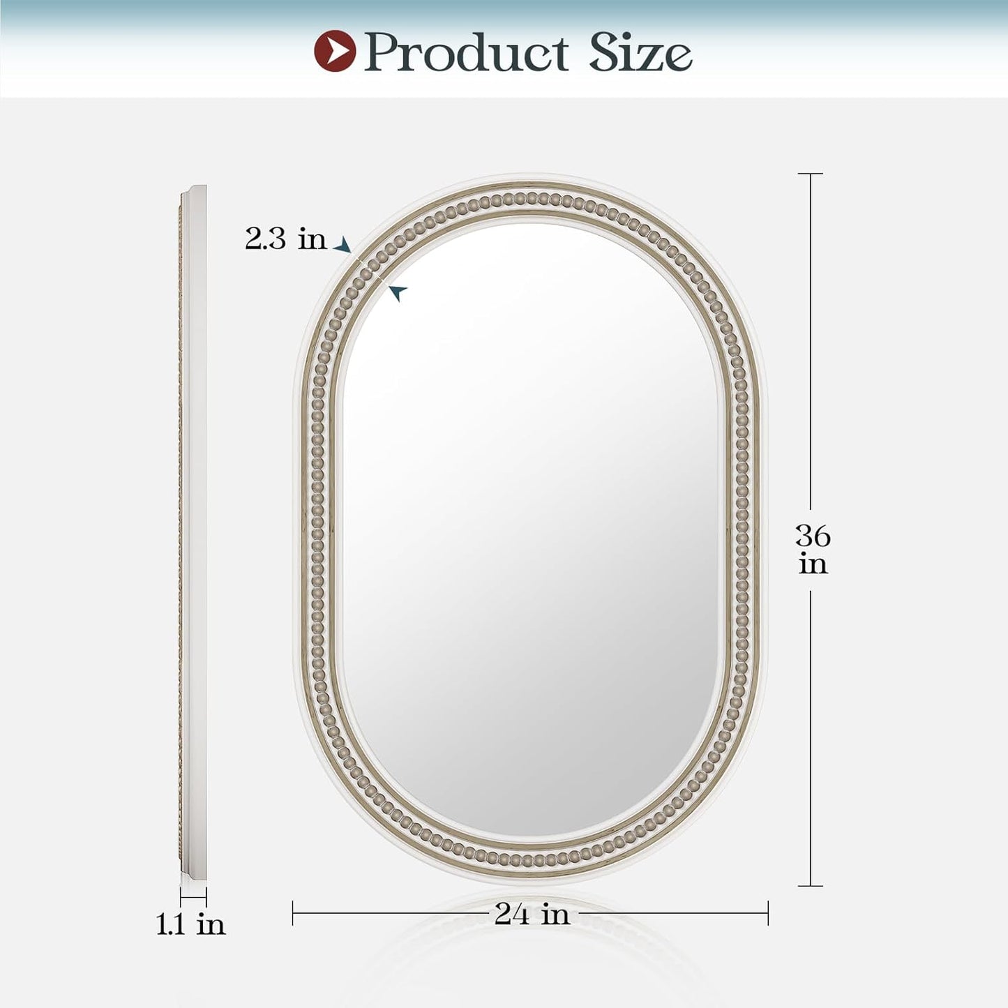 Boho Oval Mirror, 24" x 36" Farmhouse Antique Oval Bathroom Mirrors, Wooden Rustic Decorative Mirror with Beaded for Wall, Bedroom, Dining Room, Hallway, Vertical or Horizontal Hanging