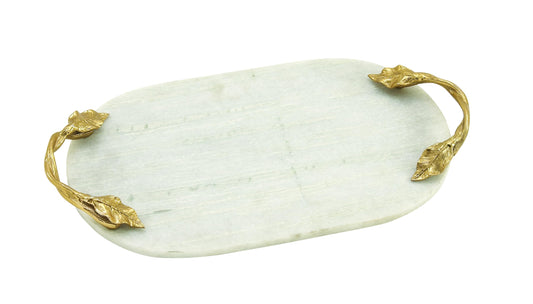 Deco 79 Marble Oval Tray with Gold Twisted Leaf Handles, 20" x 10" x 2", White