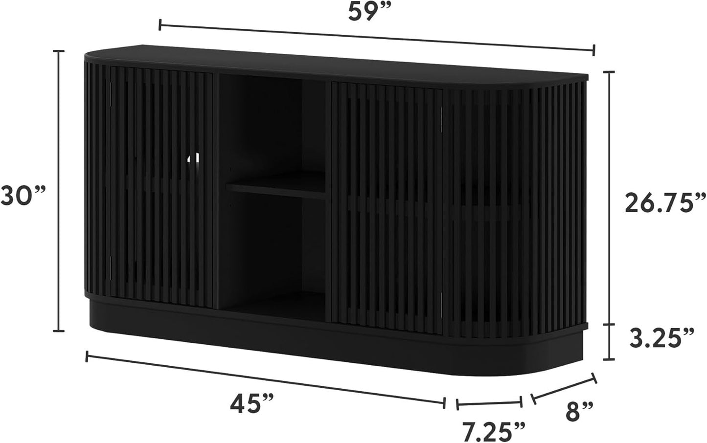 Plank+Beam Contour Wood TV Stand, Two Door Solid Wood Entertainment Console with Storage, 59" L x 16" W x 30" H, Black