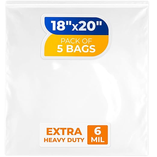 18" x 20" Large Zip Seal Lock Bags, 6 Mil (Pack of 5) – Heavy-Duty Reclosable Plastic Bags – Clear, Resealable, Waterproof – For Storing and Organizing Clothes, Jewelry, and Travel Items