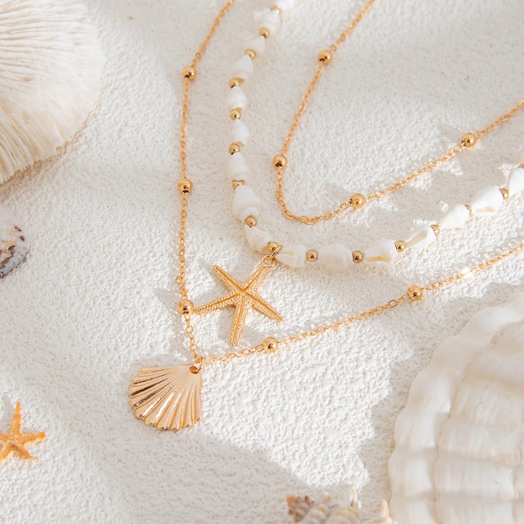 Twentylo Layered Gold Chunky Starfish Necklace for Women,Trendy Boho Shell Choker Necklace,Dainty Beach Holiday Dress Jewelry (Layered)