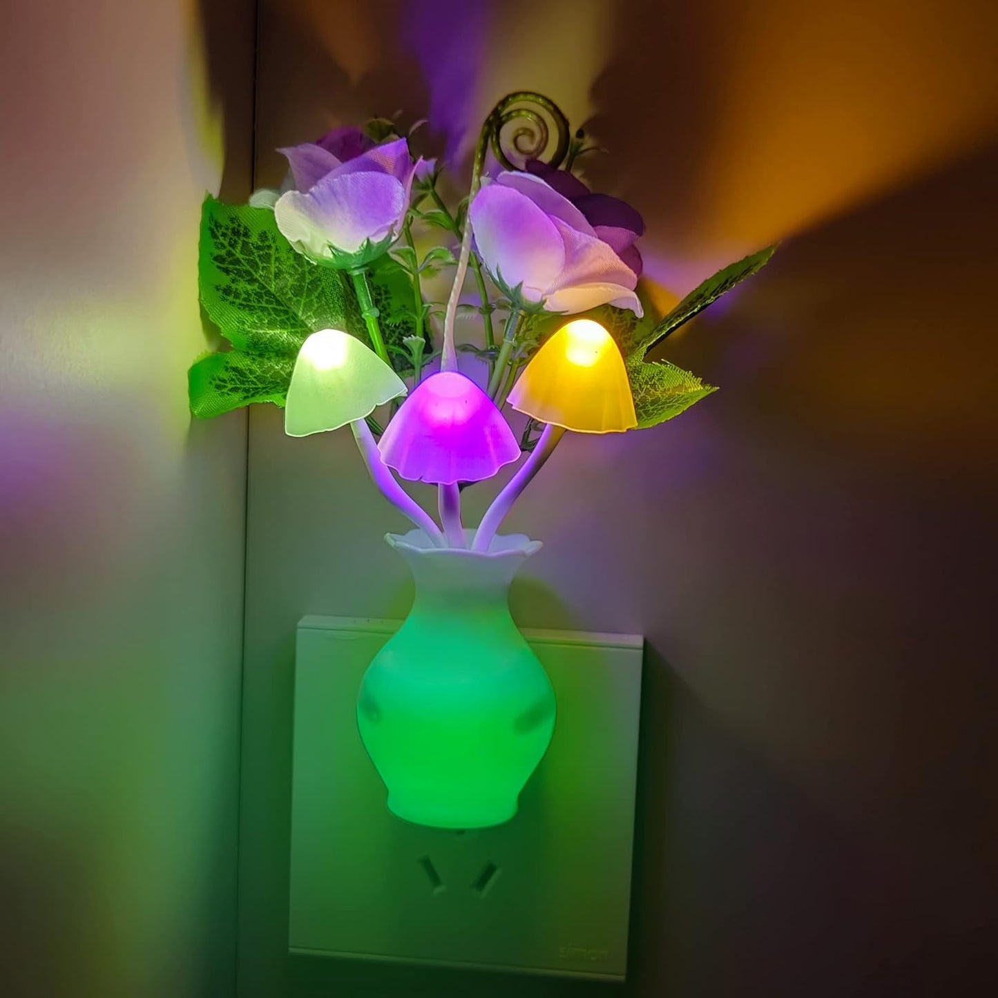 AUSAYE 3Pack Sensor Night Lights Plug into Wall Rose Flower Light, Led Lamp Dream Nightlight Mushroom Night Lights for Kids Adults Room,Bathroom,Kitchen,Hallway