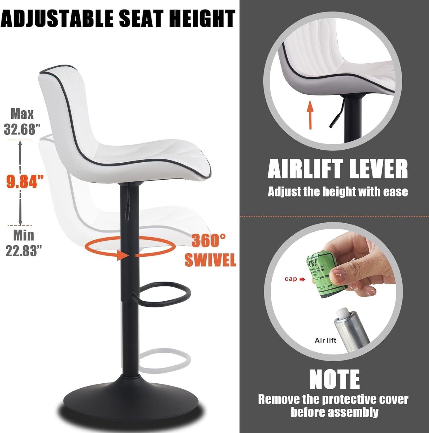 YOUNIKE 3 White Bar Stools Modern Swivel Counter Height Bar Chair with Back Adjustable Kitchen Island Faux Leather Padded Barstools taburetes de bar Breakfast sillas para barra de cocina 3PCS
