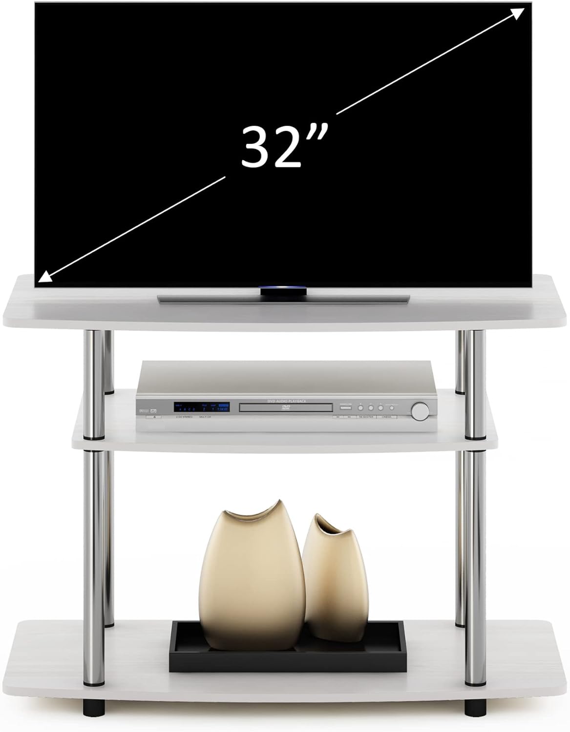 Furinno Turn-N-Tube No Tools 3-Tier Entertainment Center TV Stand for TV up to 32 Inch with Stainless Steel Tubes, White Oak/Chrome