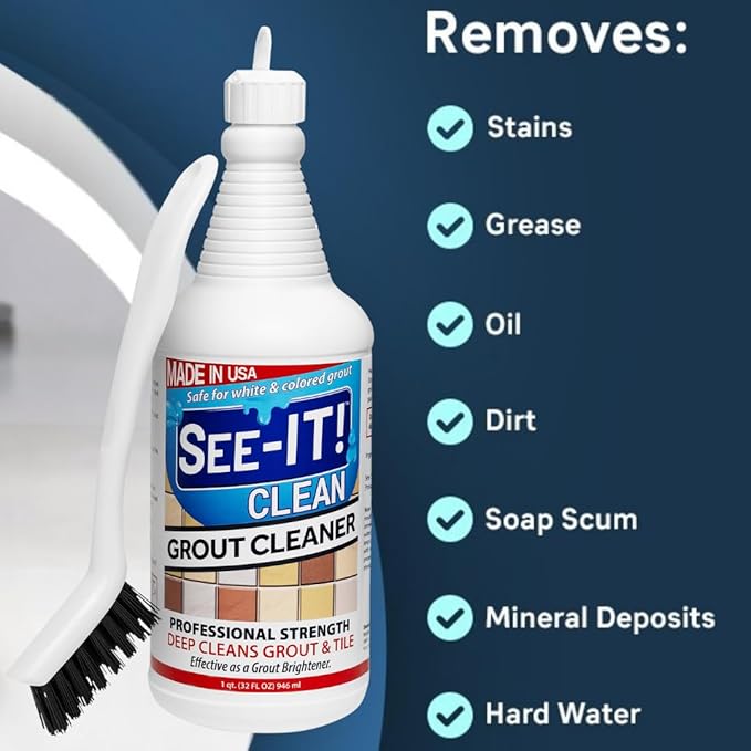 Grout & Tile Deep Cleaner Brightener & Heavy-Duty Stain Remover Acid-Free Safe for Ceramic, Porcelain, Marble, Stone - 32 fl. oz. with Hand Cleaning Brush