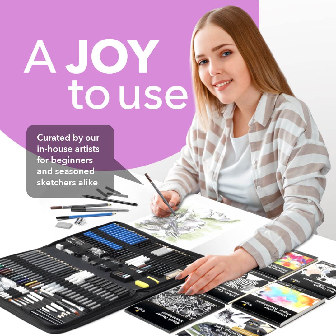 Castle Art Supplies 100 Piece Drawing & Sketching Set | Graphite, Charcoal, Pastel, Metallic Pencils + More for Professional and Adult Artists