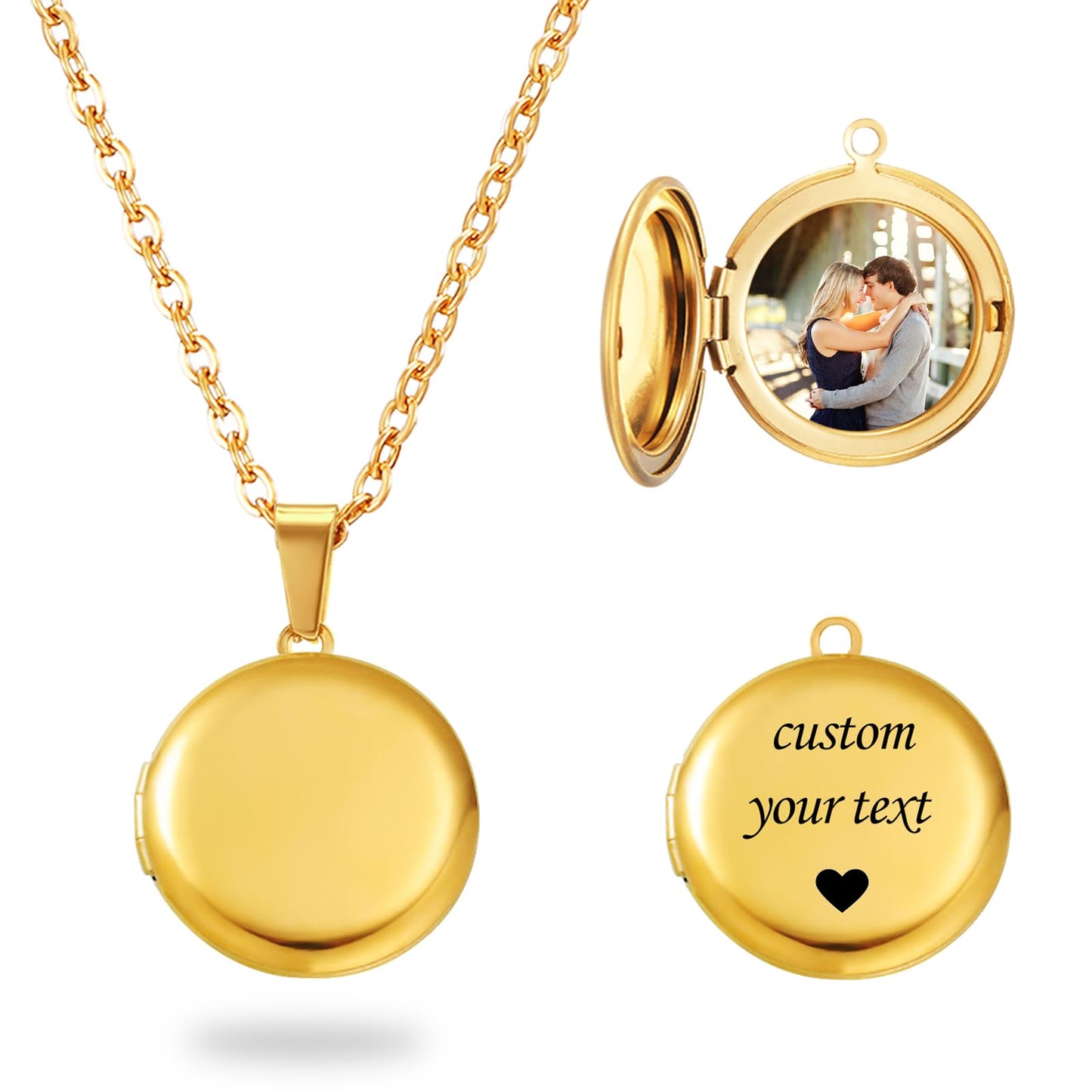 PHOCKSIN Gold Glossy Round Locket Necklace Personalized Photo Locket Necklace for Women Custome Picture Inside with Text Engraved Customized Lockets Gifts for Women